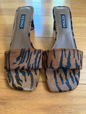 SENSO Tiger-Print Square-Toe Slide Sandals in Brown and Black